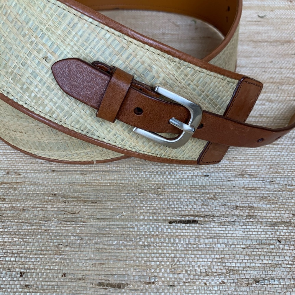 Vintage Wide Leather/Raffia Chrome Buckle Belt